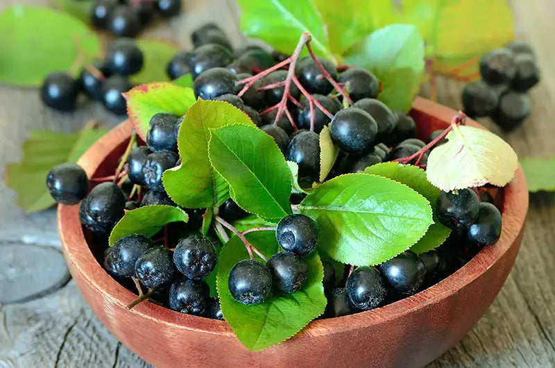 Image of berries and leaves in a wooden bowl